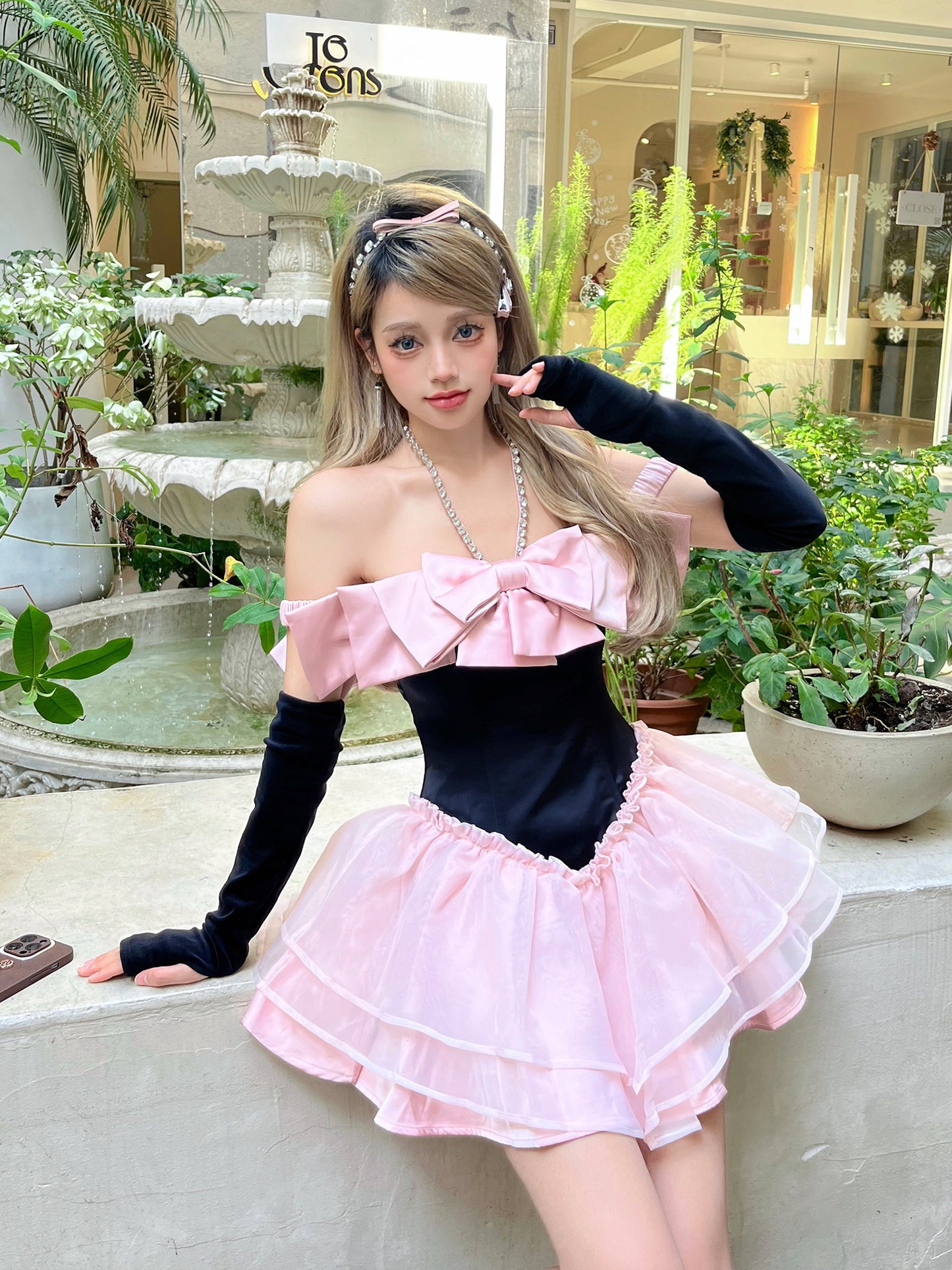 Chic Pink Tulle Off-shoulder Tutu Short Ballgown with Bow Sweet Birthday Dress RF0989