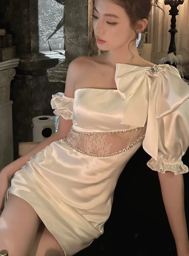 Fashion White Bodycon One Shoulder Satin Lace Short Party Dress RF0991
