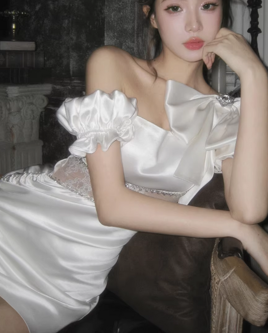 Fashion White Bodycon One Shoulder Satin Lace Short Party Dress RF0991