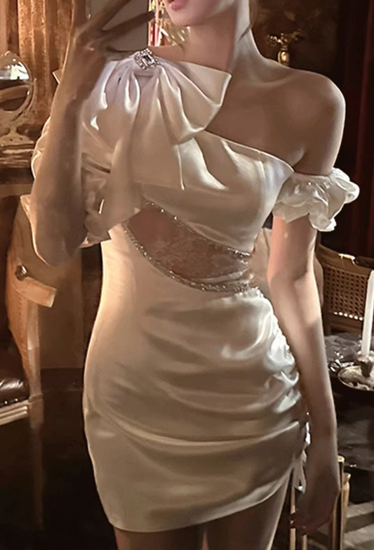 Fashion White Bodycon One Shoulder Satin Lace Short Party Dress RF0991