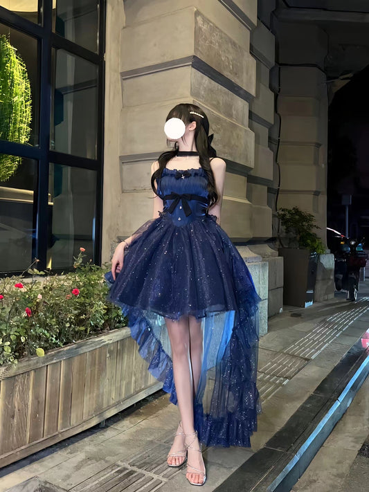 Stunning Blue Short Ballgown Glittering Tulle Spaghetti Straps Party Dresses RF0992