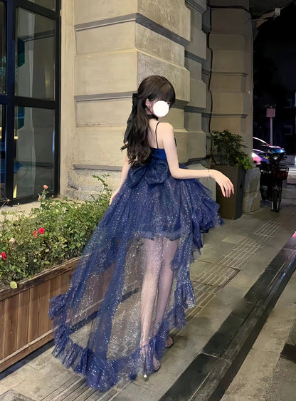Stunning Blue Short Ballgown Glittering Tulle Spaghetti Straps Party Dresses RF0992