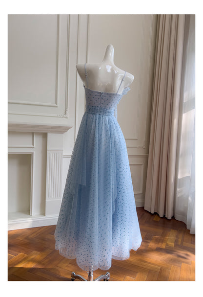Sky Blue Spaghetti Strap A-Line Tulle Long Prom Dresses, Sweet 16 Dress RF0994