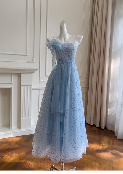 Sky Blue Spaghetti Strap A-Line Tulle Long Prom Dresses, Sweet 16 Dress RF0994