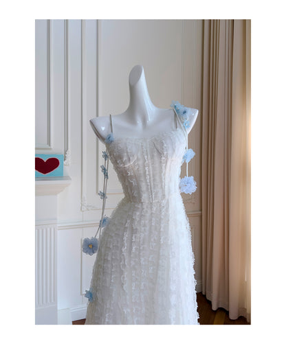 Sweet White Spaghetti Straps A-Line Lace Long Prom Dresses Stunning Evening Dresses with Appliques RF0995