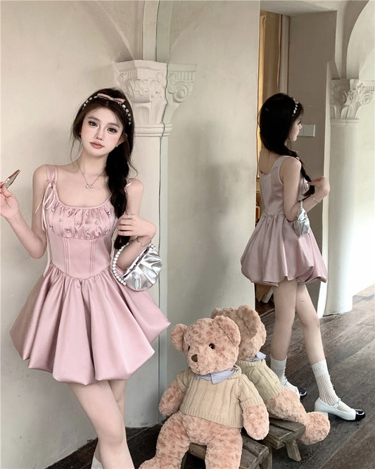 Sweet Pink A-Line Strap Satin Short Casual Dress RF0999