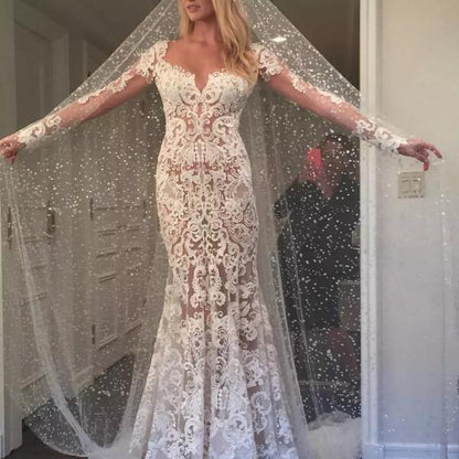 White Romantic Mermaid Wedding Dresses, Long Appliques Backless Wedding Dresses Lace RF0380