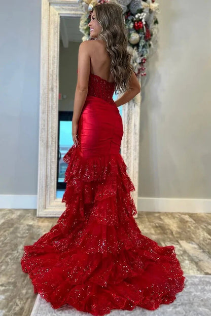 Modest Mermaid Sweetheart Red Slit Lace Prom Dresses Inspiration Prom Dress Graduation Dress RB1165