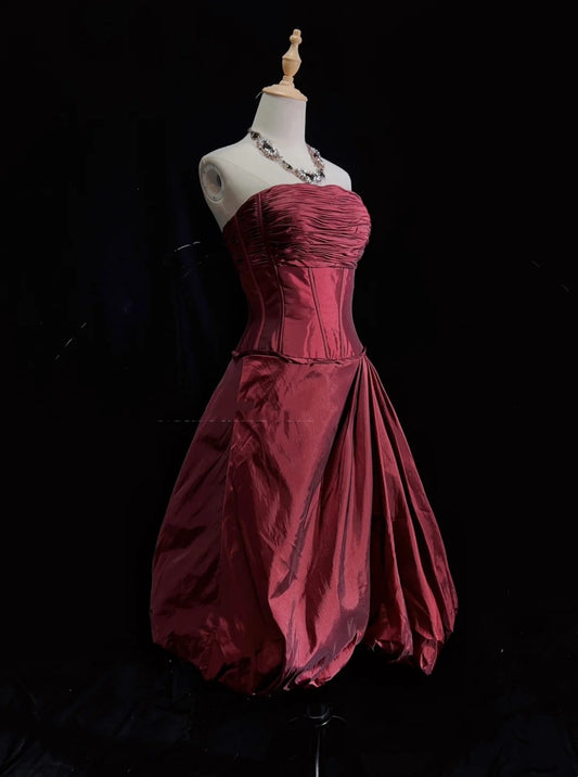 Vintage Ball Gown Strapless Burgundy Taffeta Y2K 2000s Party Senior Homecoming Dresses N3199