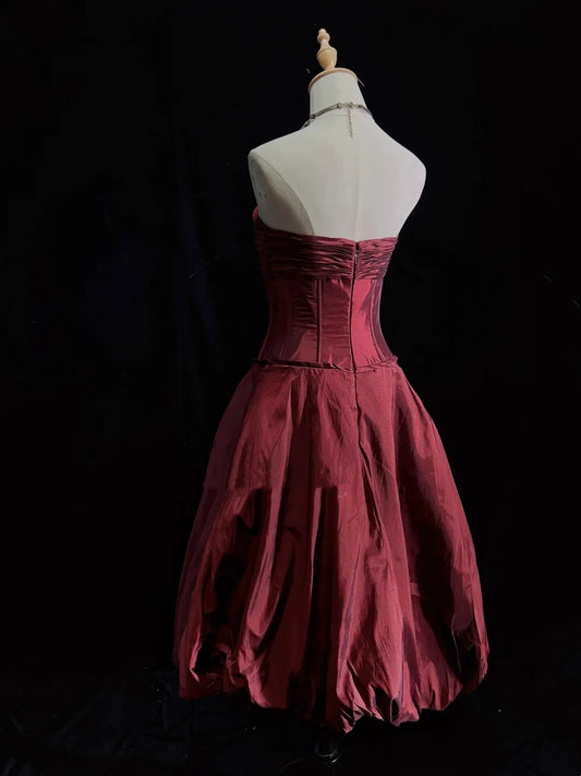 Vintage Ball Gown Strapless Burgundy Taffeta Y2K 2000s Party Senior Homecoming Dresses N3199