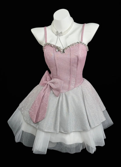Romantic Ball Gowns Spaghetti Strap Pink Gray Short With Bow-knot Graduation High School Party Homecoming Dresses N4488