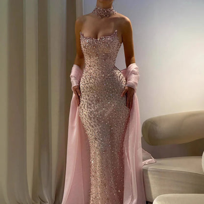 Charming Strapless Sleeveless Long Mermaid Prom Dress With Beading Party Dress For Women AB1511