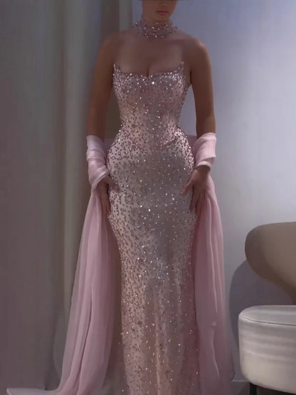 Charming Strapless Sleeveless Long Mermaid Prom Dress With Beading Party Dress For Women AB1511