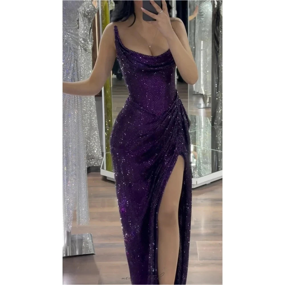 Unique Mermaid Strapless Dark Purple Sequin Split Prom Dresses Long Party Dress Birthday Outfits Prom Gown RB1329