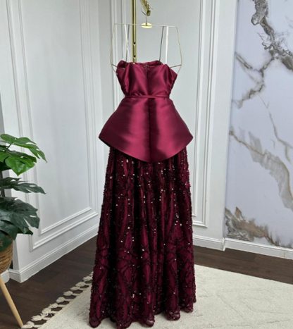 Classy A Line Strapless Sleeveless Burgundy Sequin Satin Long Prom Dresses Inspiration Prom Gown DH2936