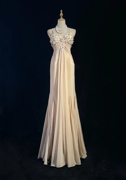 Champagne Prom Dress Inspo Mermaid Spaghetti Straps Chiffon Long Formal Party Gown RC0099