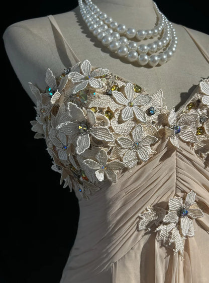 Champagne Prom Dress Inspo Mermaid Spaghetti Straps Chiffon Long Formal Party Gown RC0099