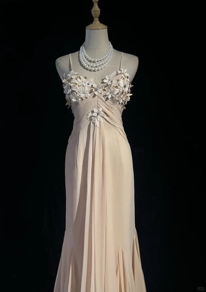 Champagne Prom Dress Inspo Mermaid Spaghetti Straps Chiffon Long Formal Party Gown RC0099