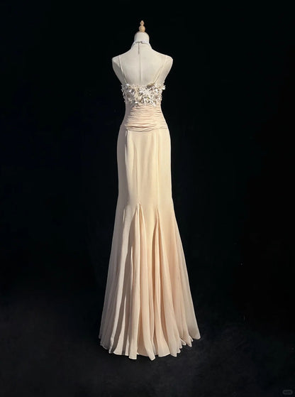 Champagne Prom Dress Inspo Mermaid Spaghetti Straps Chiffon Long Formal Party Gown RC0099