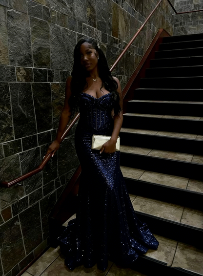 Modest Sweetheart Mermaid Gold Sequin Long Prom Dresses Formal Party Gown For Women AB1528