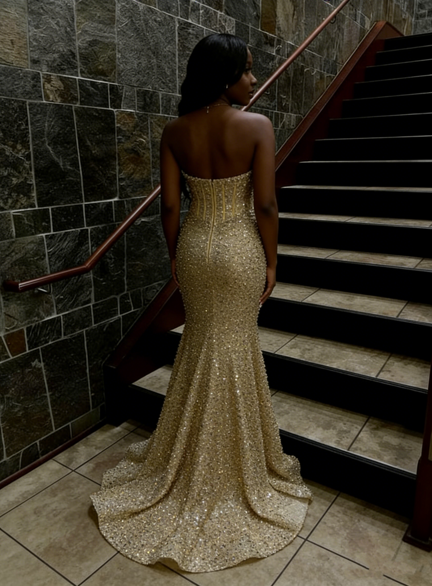 Modest Sweetheart Mermaid Gold Sequin Long Prom Dresses Formal Party Gown For Women AB1528