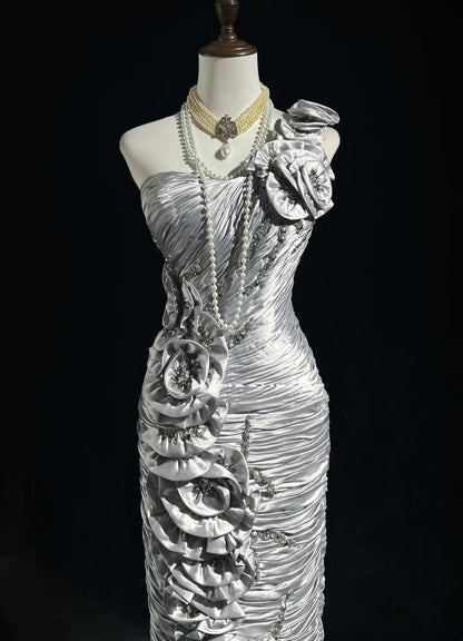 Timeless Prom Dresses Mermaid One Shoulder Silver Satin With Flowers Beading Long Evening Outfits N3200