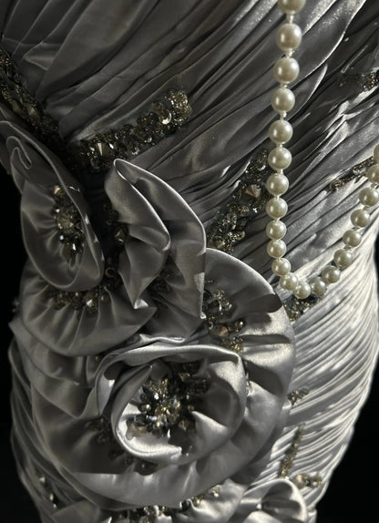 Timeless Prom Dresses Mermaid One Shoulder Silver Satin With Flowers Beading Long Evening Outfits N3200