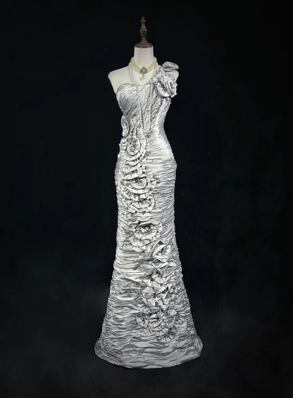 Timeless Prom Dresses Mermaid One Shoulder Silver Satin With Flowers Beading Long Evening Outfits N3200