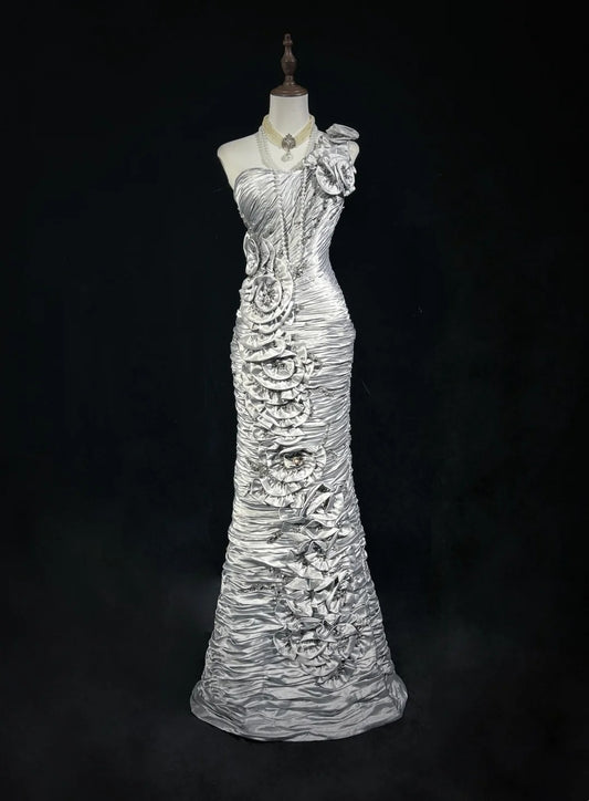 Timeless Prom Dresses Mermaid One Shoulder Silver Satin With Flowers Beading Long Evening Outfits N3200