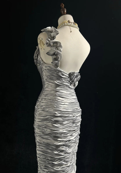 Timeless Prom Dresses Mermaid One Shoulder Silver Satin With Flowers Beading Long Evening Outfits N3200