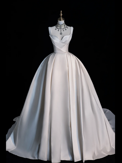 Modest Ball Gown Straps Satin White Wedding Dress Long Fairytale Autumn Wedding Dresses U229