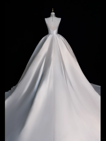 Modest Ball Gown Straps Satin White Wedding Dress Long Fairytale Autumn Wedding Dresses U229