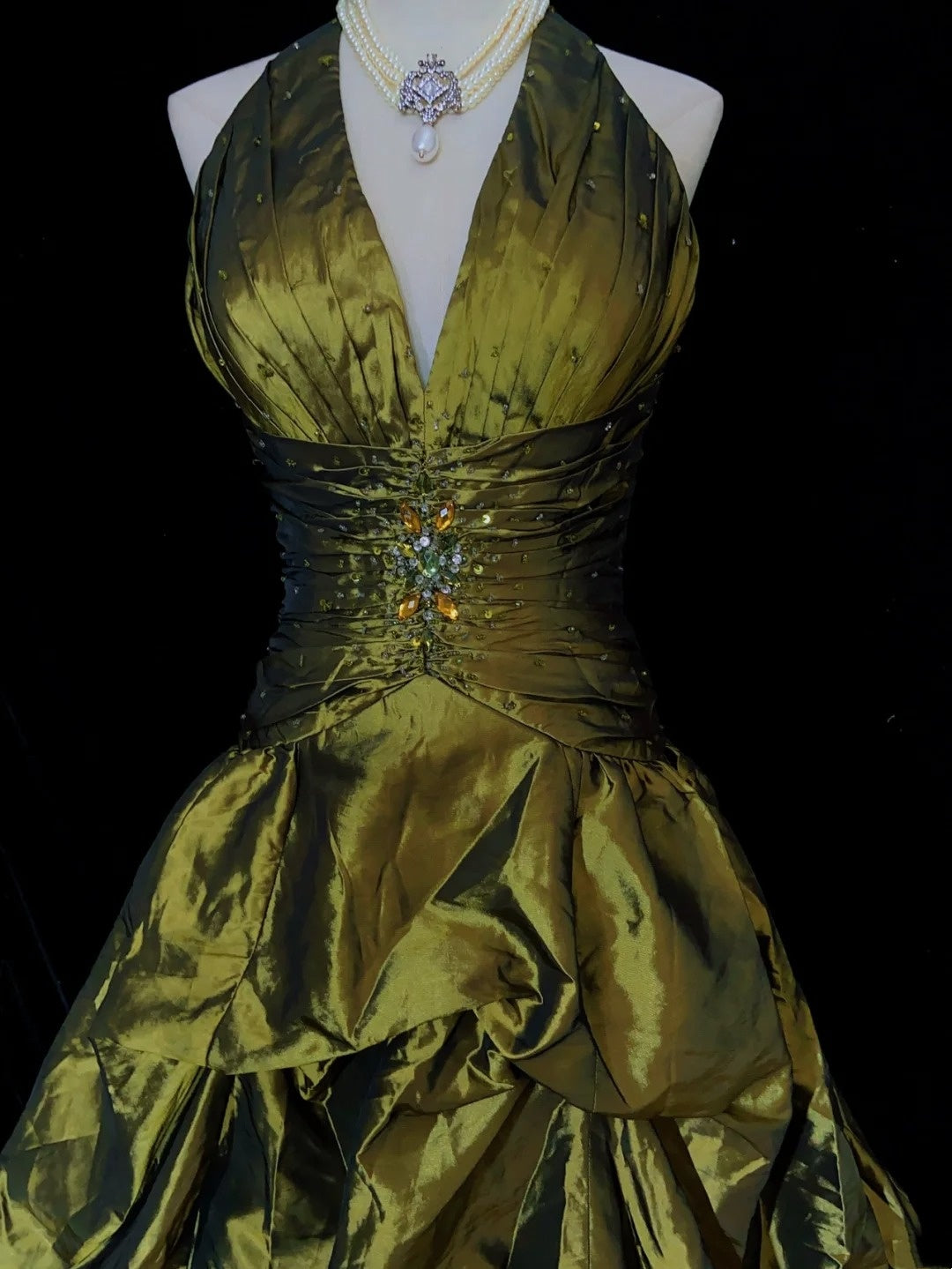 Modest Prom Dresses Ball Gown Olive Green Satin Floor Length Formal Evening Outfits N3485