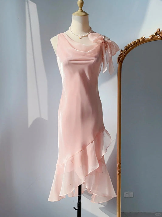 Chic Sheath Halter Sleeveless Knee Length Blush Pink Chiffon Spring Summer Event Outfits Wedding Guest Dresses RB3249