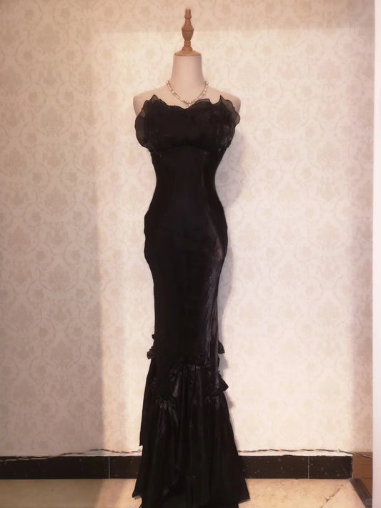 Vintage Prom Dresses 80s Mermaid Sweetheart Black Tie Dress Sleeveless Floor Length Evening Outfits RB4279