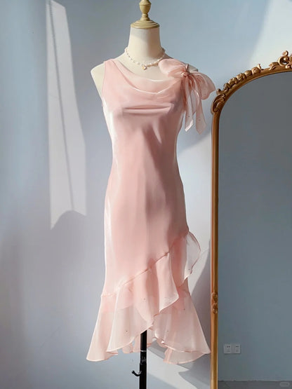 Vintage Prom Dresses 90s Mermaid Cowl Neck Pink With Ruffles Sleeveless Knee Length Formal Outfits RB4255