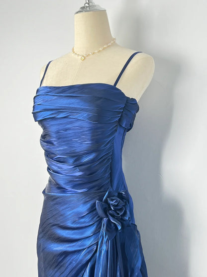 Vintage Sheath Spaghetti Strap Royal Blue Long With Ruffles Layers Prom Dresses Formal Outfits RB3900