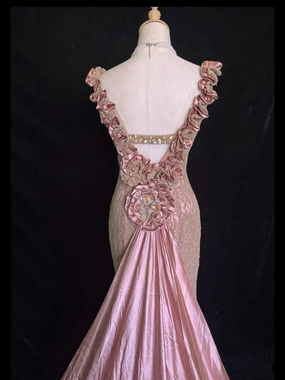 Vintage Prom Dresses Inspo Mermaid V Neck Pink Lace 1990s With Ruffled Formal Gowns N3316