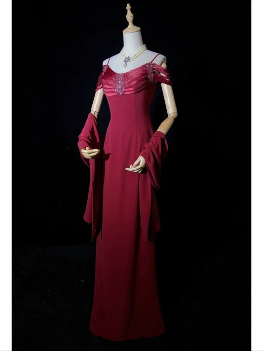 Timeless Prom Dresses A line Spaghetti Strap Burgundy Chiffon With Cape Beading Long Evening Outfits N3203