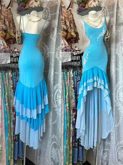 Vintage Prom Dresses Aesthetic Mermaid Spaghetti Straps Blue High Low Inspo Formal Party Gowns N1976