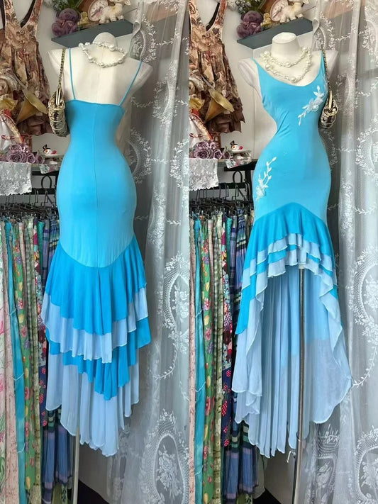 Vintage Prom Dresses Aesthetic Mermaid Spaghetti Straps Blue High Low Inspo Formal Party Gowns N1976