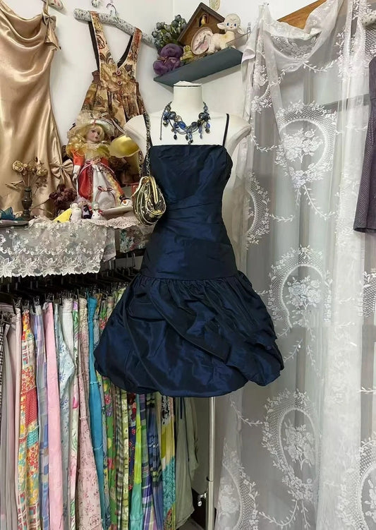 Vintage Mermaid Spaghetti Strap Navy Blue Satin Short Graduation Birthday Gown Homecoming Dresses N3719