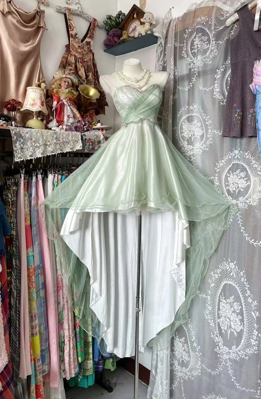 Charming Prom Dresses High Low Sweetheart Green Tulle Long Evening Outfits N3593