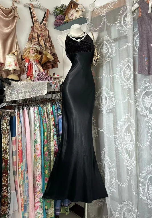 Vintage Prom Dresses Aesthetic Mermaid Scoop Black Satin Long Inspo Formal Party Gowns N1979