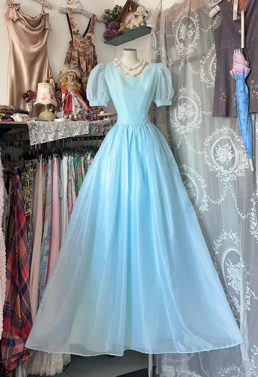 Vintage Ball Gown Short Sleeves Light Sky Blue Tulle Long Prom Dresses N1931