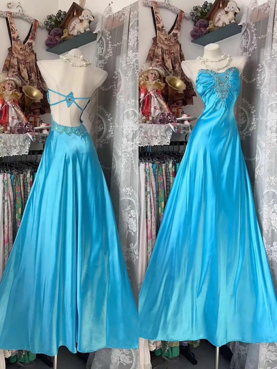 Vintage Prom Dresses Aesthetic A line Sweetheart Blue Backless Inspo Formal Party Gowns N1980