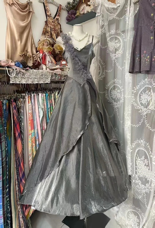 Vintage Prom Dresses Aesthetic Ball Gown Grey Tulle Inspo Formal Party Dress N1991