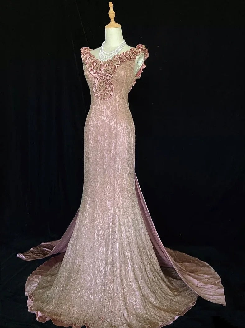 Vintage Prom Dresses Inspo Mermaid V Neck Pink Lace 1990s With Ruffled Formal Gowns N3316