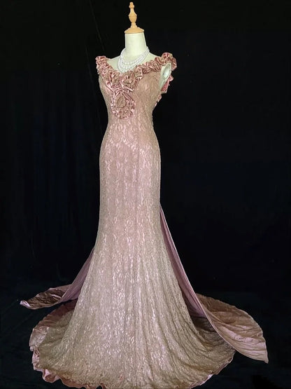 Vintage Prom Dresses Inspo Mermaid V Neck Pink Lace 1990s With Ruffled Formal Gowns N3316