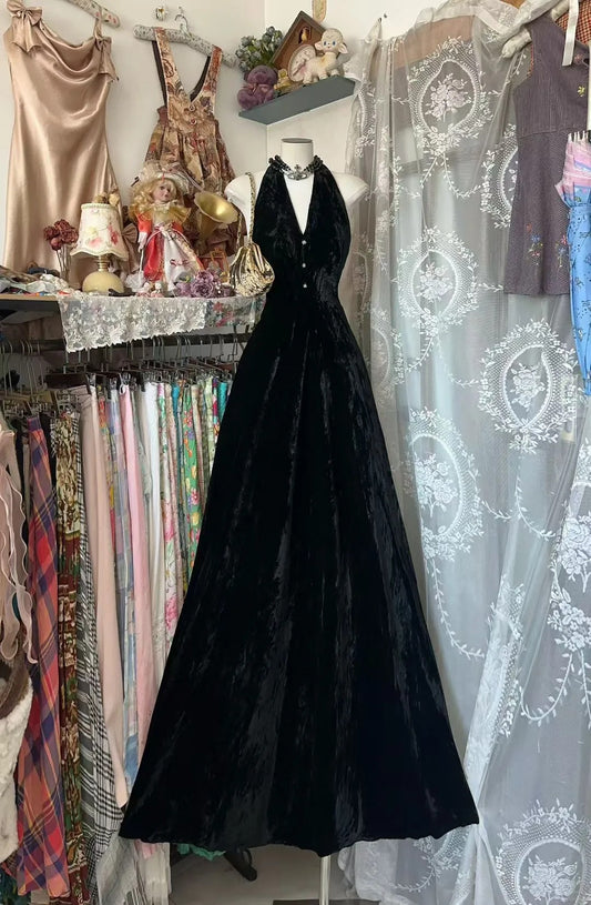 Vintage A line Halter Black Velvet 80s Sleeveless Party Gowns Long Prom Dresses N1939
